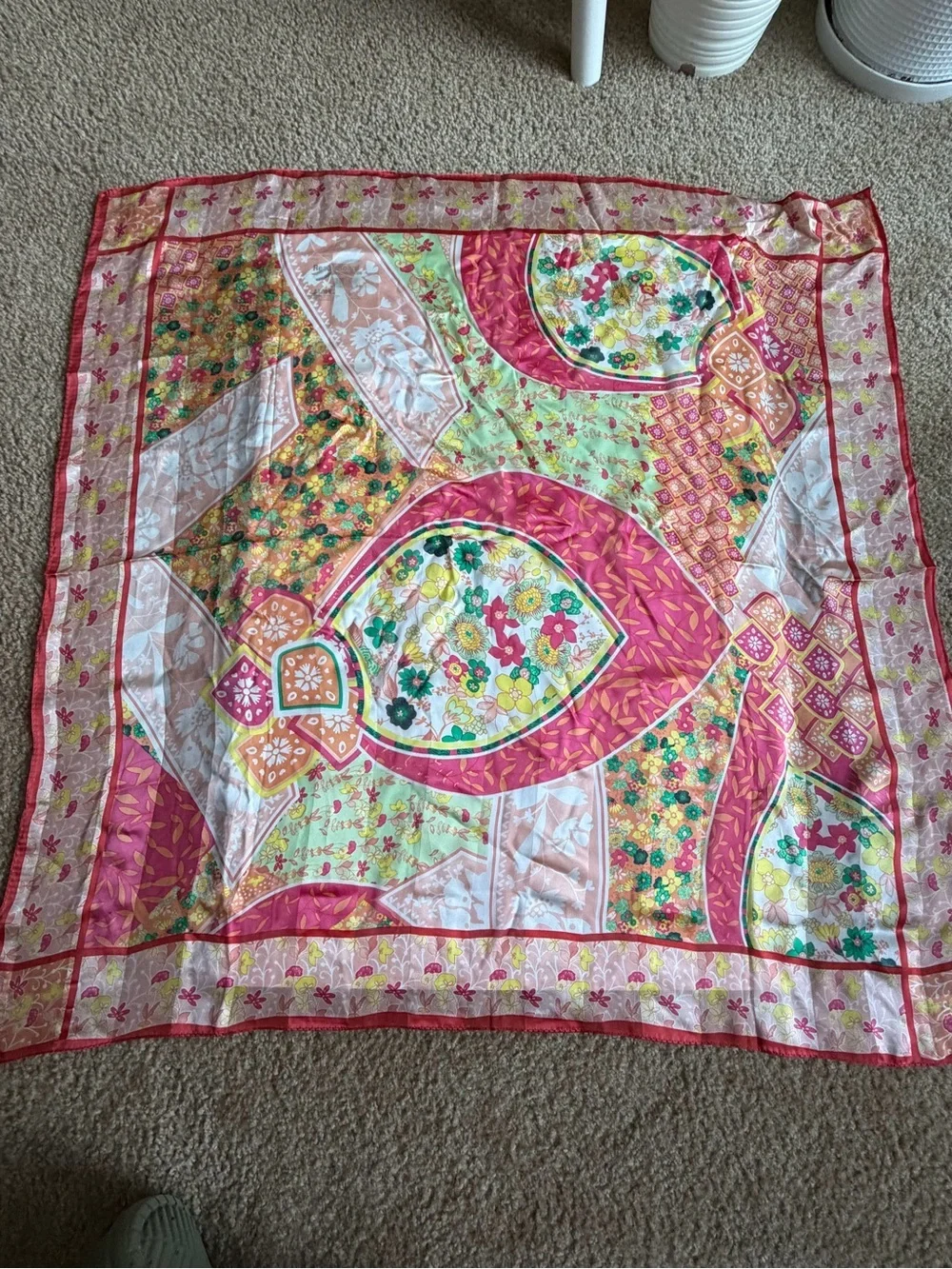 Vintage silk Pink, Green & Yellow Floral Square summer foulard Scarf